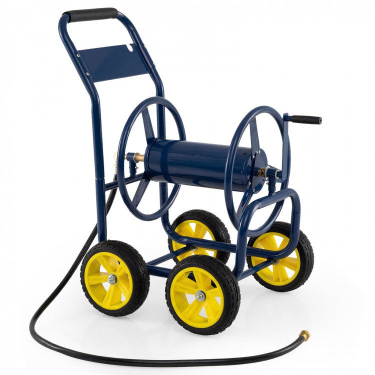 Heavy-duty blue garden hose reel cart with four wheels, brass fittings, and foam-padded handle for easy portability.
