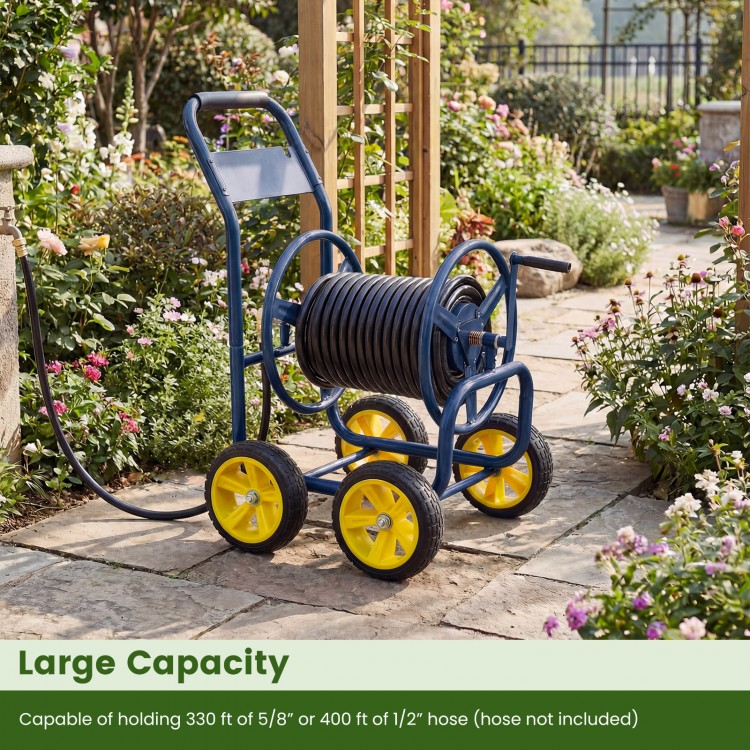 Garden hose reel cart with heavy-duty metal frame and large capacity for 330 ft of hose, ideal for garden use.