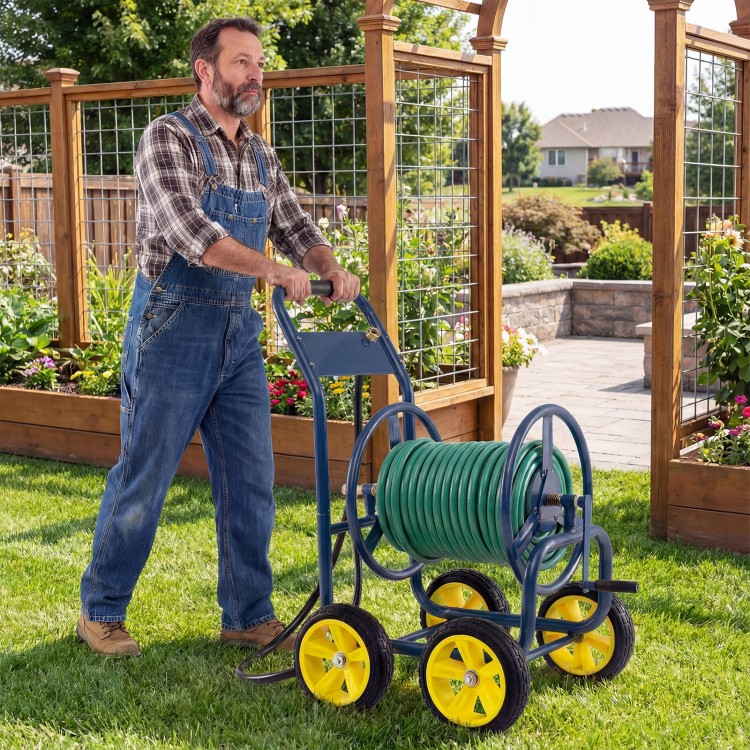 Heavy-duty metal garden hose reel cart with four wheels, featuring a labor-saving handle for easy maneuverability.