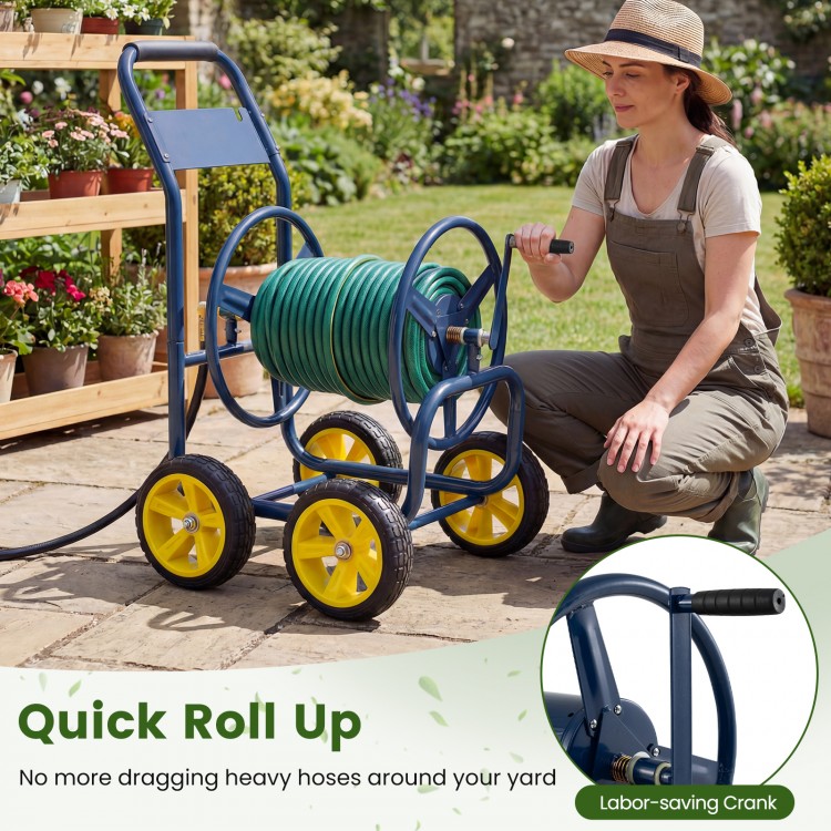 Garden hose reel cart with 4 wheels, heavy-duty metal, and labor-saving crank for easy hose storage and access.