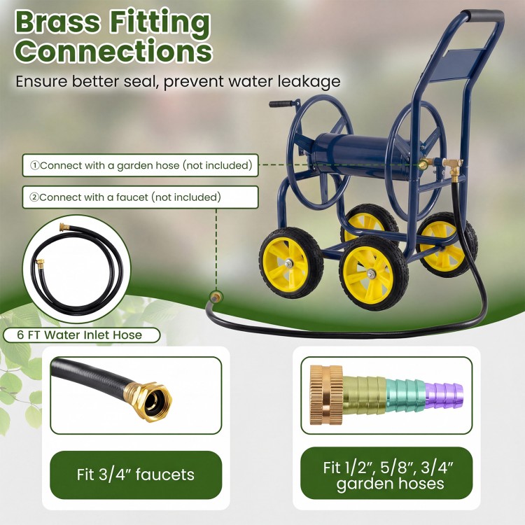 Heavy-duty blue garden hose reel cart with brass fittings, 4 wheels, and foam-padded handrail for easy portability.
