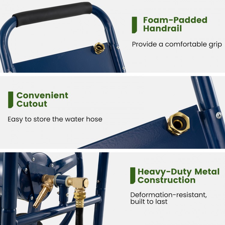 Heavy-duty metal garden hose reel cart with foam-padded handrail and convenient cutout for easy storage, portable.