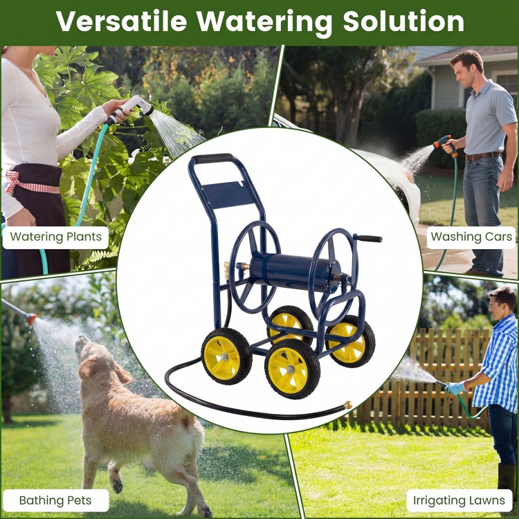 Heavy-duty blue garden hose reel cart with four wheels, ideal for watering plants and washing cars.