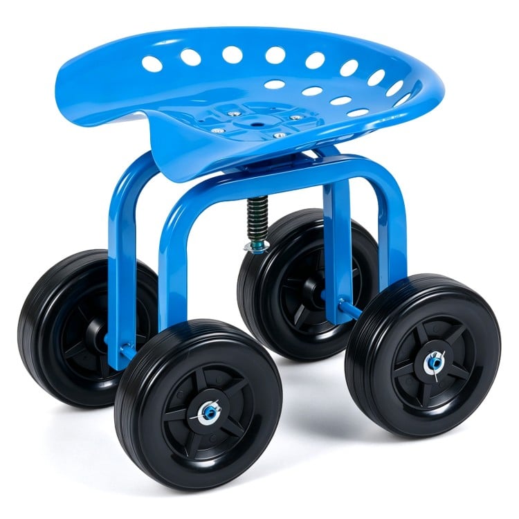 Blue garden rolling workseat with 360° swivel seat, adjustable height, and durable 7" wheels for easy mobility.