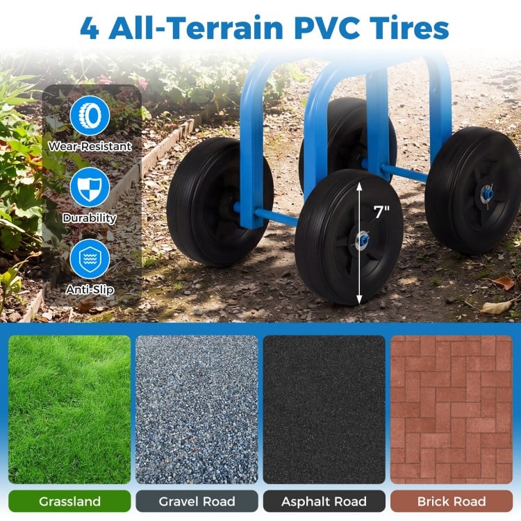 Close-up of 7" all-terrain PVC tires on a garden rolling workseat, designed for durability and easy movement on various.