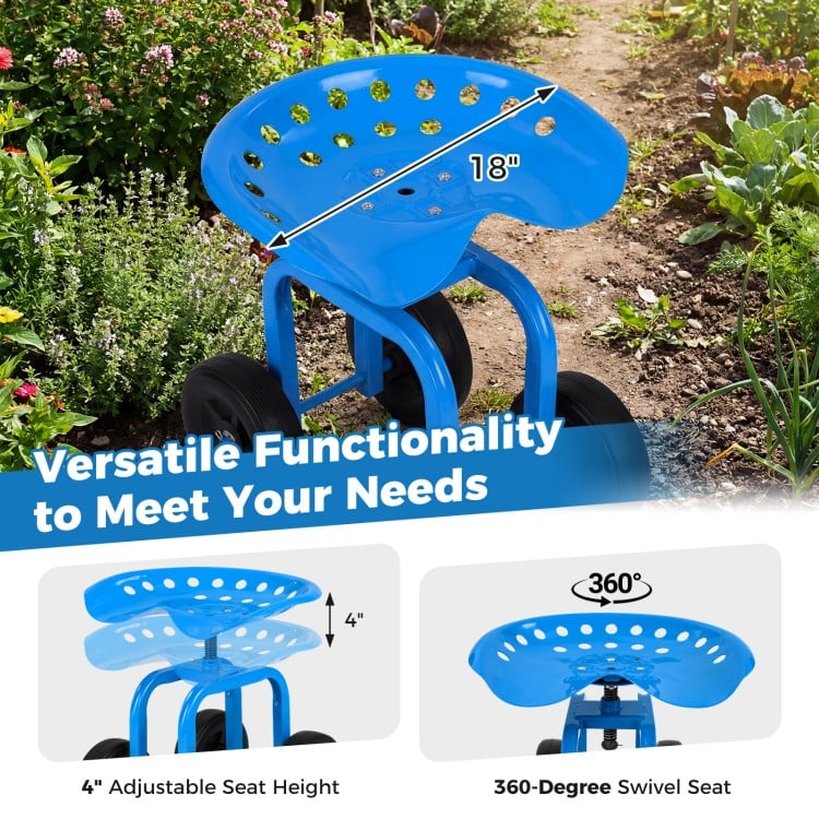 Garden rolling workseat in blue with 360° swivel seat and adjustable height, ideal for gardening and outdoor tasks.