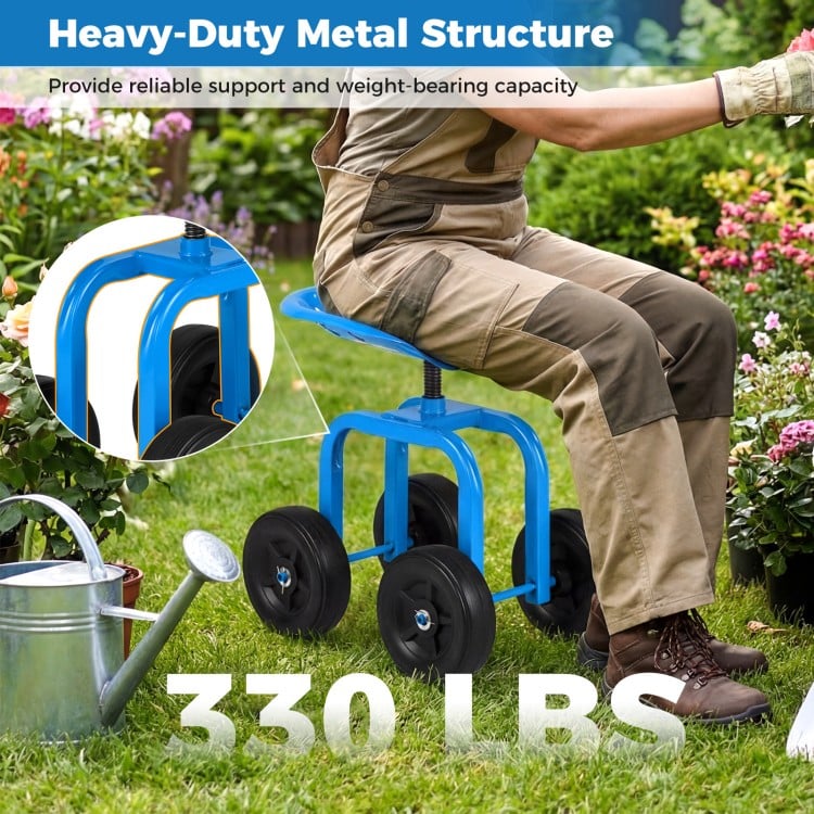 Garden rolling workseat in blue with 360° swivel seat, adjustable height, and heavy-duty metal structure for outdoor.