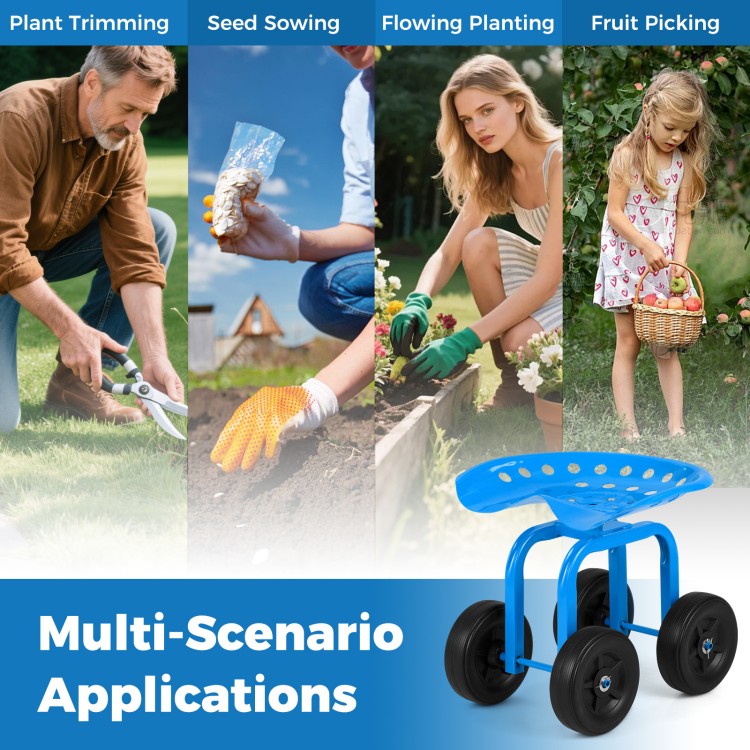 Garden rolling workseat in blue with 360° swivel seat, adjustable height, and durable wheels for gardening tasks.