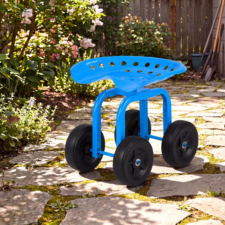 Garden rolling workseat in blue with 360° swivel seat and adjustable height, perfect for gardening and outdoor tasks.