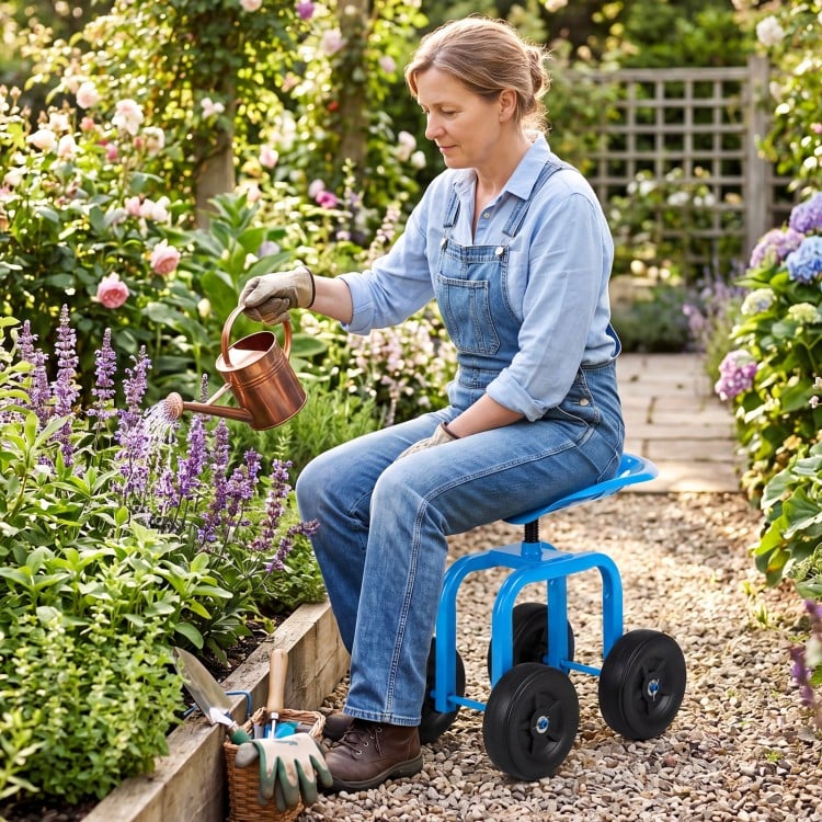 Garden rolling workseat in blue with a 360° swivel seat, adjustable height, and premium wheels for easy mobility in the.