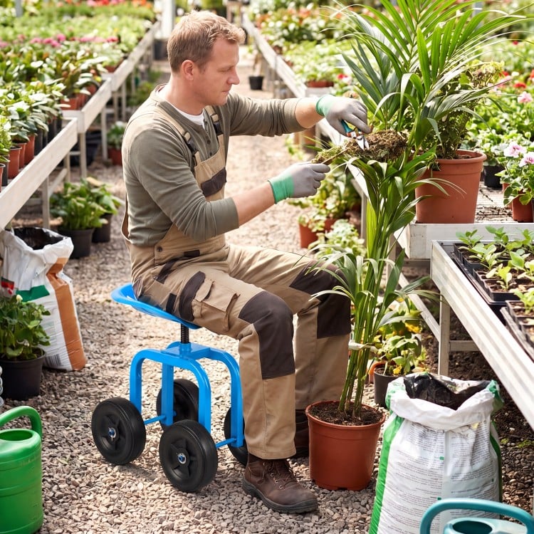 Garden rolling workseat in blue with 360° swivel seat, adjustable height, and ergonomic design for gardening tasks.