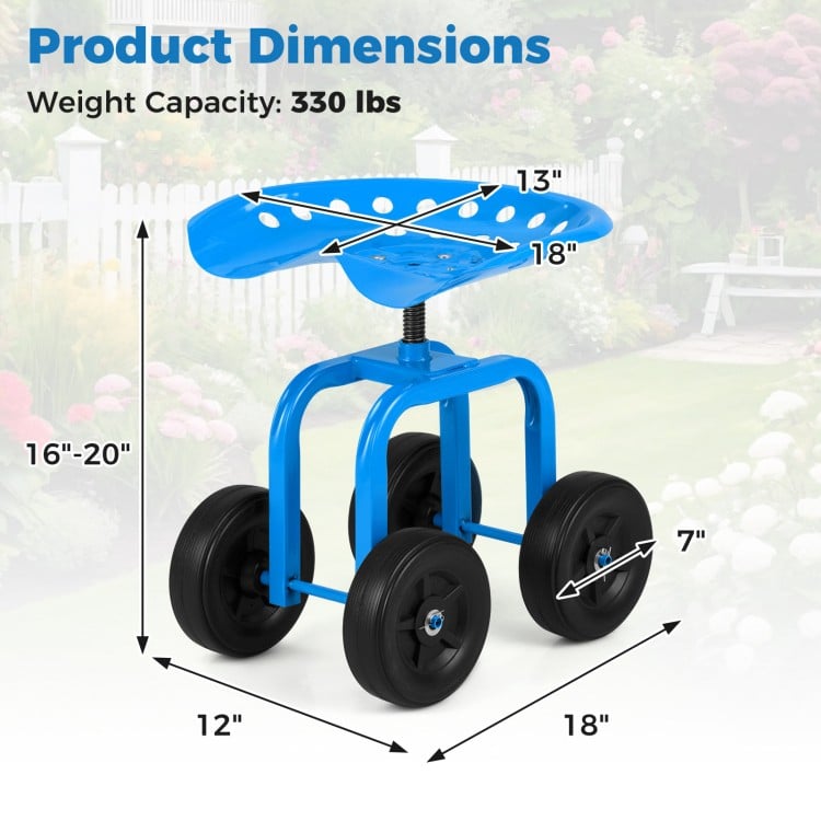 Garden rolling workseat in blue with 360° swivel seat, adjustable height, and 7" wheels for easy mobility in the garden.