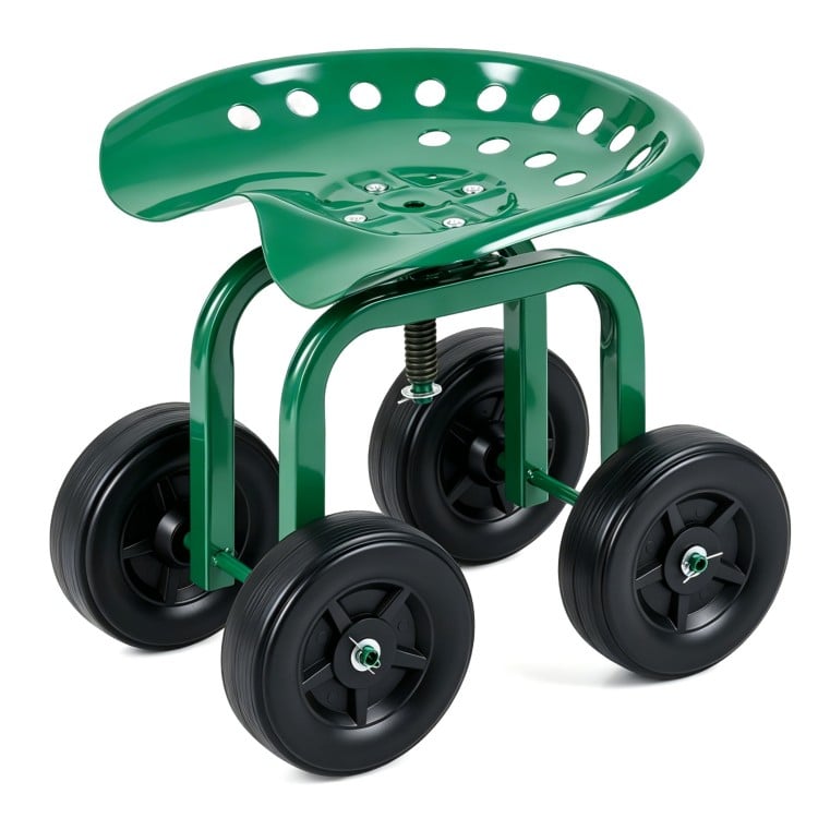 Garden rolling workseat in green with a 360° swivel seat, adjustable height, and durable 7" wheels for outdoor use.