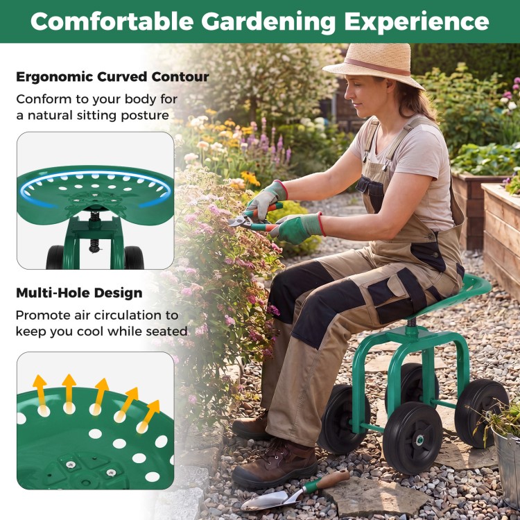 Garden rolling workseat in green with 360° swivel seat, adjustable height, and ergonomic design for comfortable.