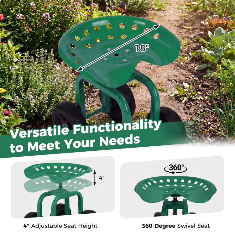 Garden rolling workseat with 360° swivel seat, adjustable height, and durable green metal frame for gardening tasks.