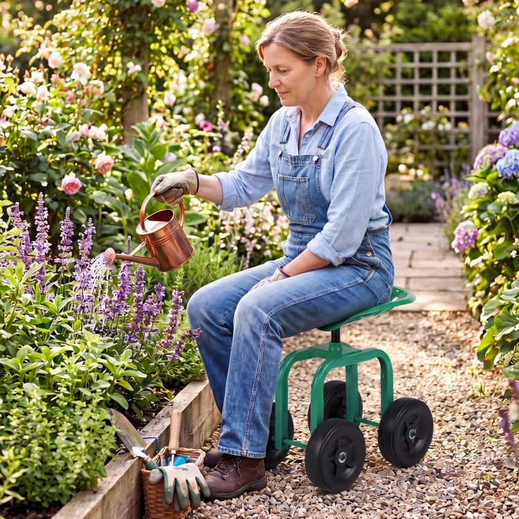 Garden rolling workseat in green with 360° swivel seat, adjustable height, and premium wheels for comfortable gardening.