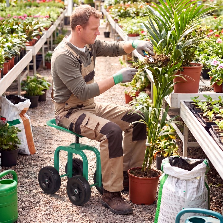Garden rolling workseat with 360° swivel seat, adjustable height, and premium wheels for comfortable gardening tasks.