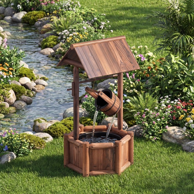 Wooden wishing water fountain with pump, featuring durable fir wood, ideal for garden or patio decoration.
