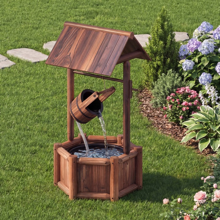 Wooden wishing water fountain with pump, featuring durable fir wood and a gentle trickling sound for garden relaxation.