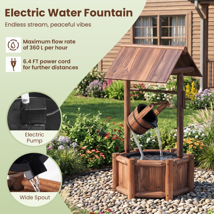 Wooden wishing water fountain with electric pump, featuring a 360 L per hour flow rate, ideal for garden or patio decor.