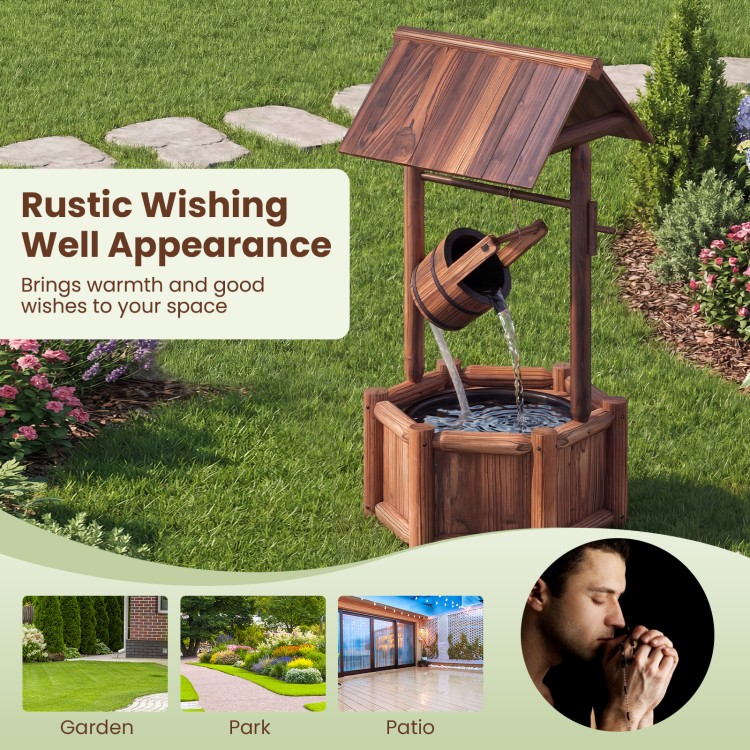 Wooden wishing water fountain with pump, featuring rustic design, perfect for garden or patio decoration.