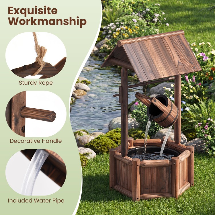 Wooden wishing water fountain featuring a barrel design, sturdy rope, and included pump for garden or patio decoration.
