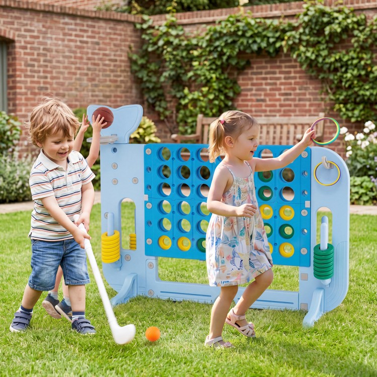 Children playing with the Giant 4-to-Score Game Set in blue, featuring ring toss and colorful game pieces for outdoor.