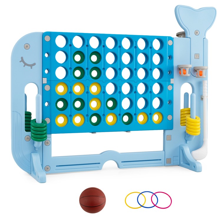 Giant 4-to-Score game set in blue with integrated games, includes rings and basketball for backyard fun.