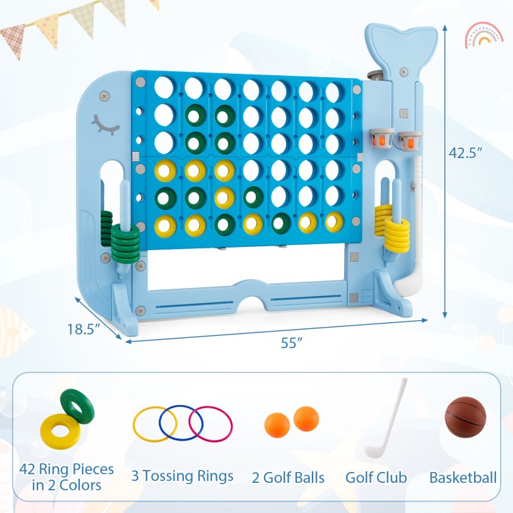 Giant 4-to-Score game set in blue with 42 rings, 3 tossing rings, and a basketball for versatile outdoor fun.