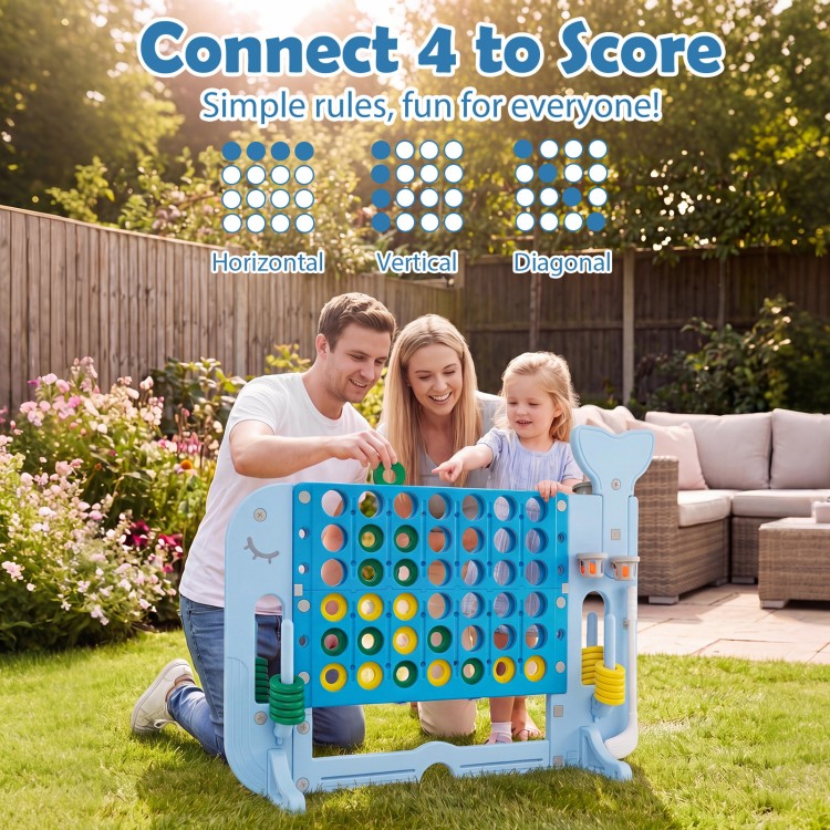 Giant 4-to-Score game set in blue with family playing, featuring integrated games and child-friendly design for outdoor.