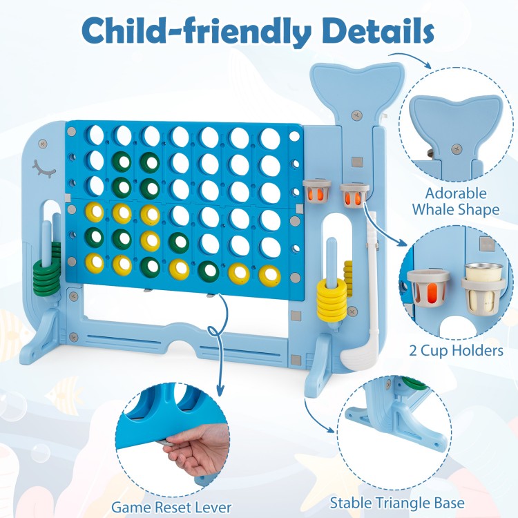 Giant 4-to-Score game set with whale shape, cup holders, and game reset lever for fun indoor or outdoor play.