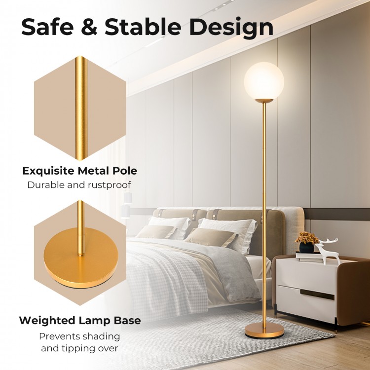 Glass globe LED floor lamp with golden metal pole and weighted base, ideal for elegant home or office lighting.