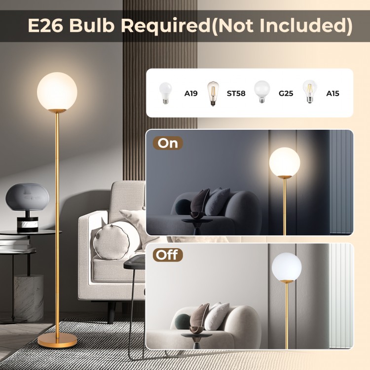 Glass Globe LED Floor Lamp with golden finish, showcasing on/off functionality and elegant design for home or office.