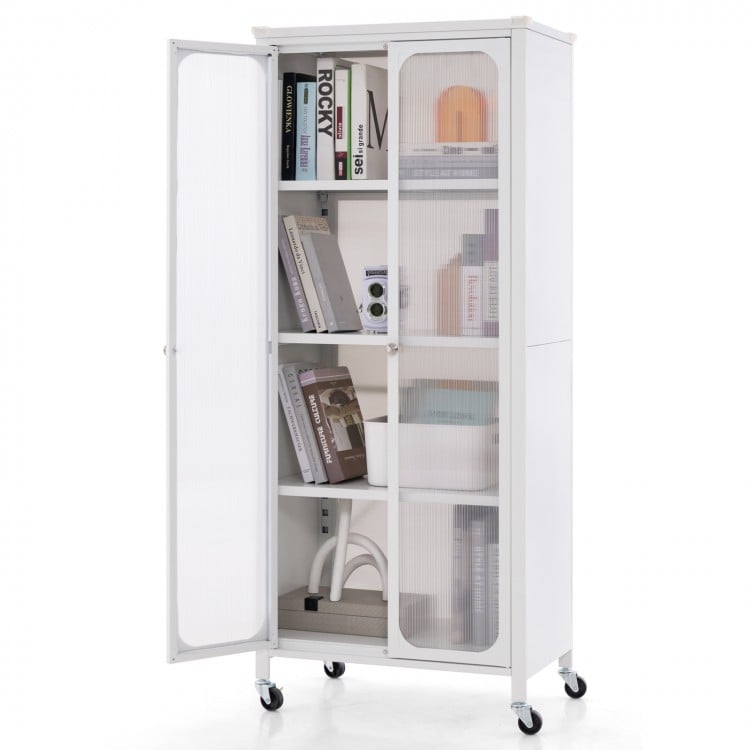 White storage cabinet with glass doors and lockable wheels, offering spacious shelving for organized storage in any.