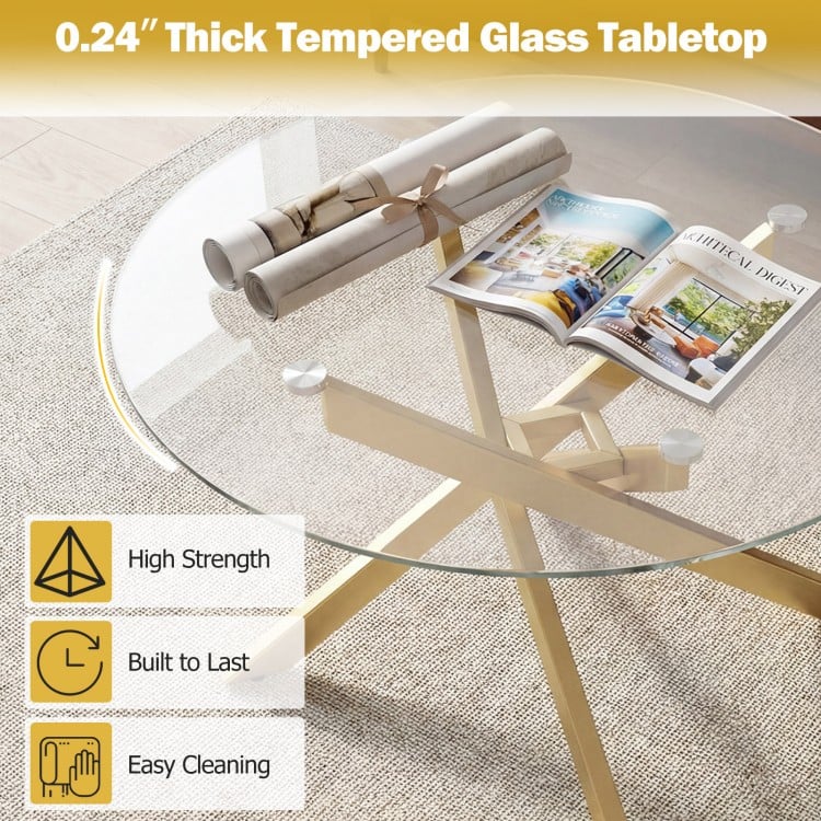 Round glass coffee table with 0.24" thick tempered glass top and geometric gold metal frame for modern aesthetics.