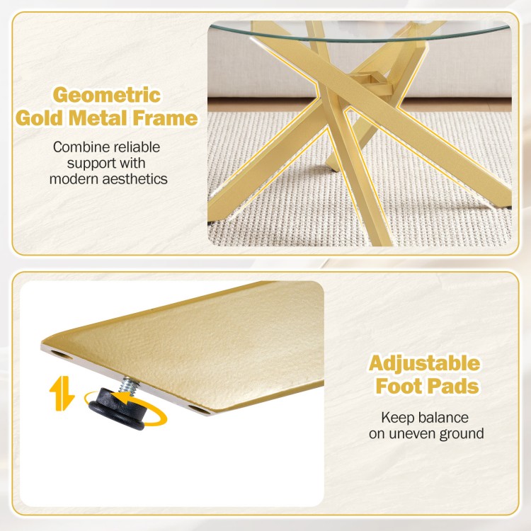 Round glass coffee table with a geometric gold metal frame and adjustable foot pads for stability on uneven surfaces.