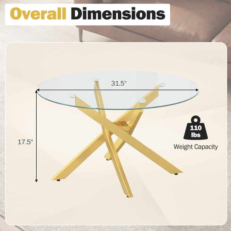 Round glass coffee table with a geometric gold metal frame, featuring a 0.24" thick tempered glass top and adjustable.