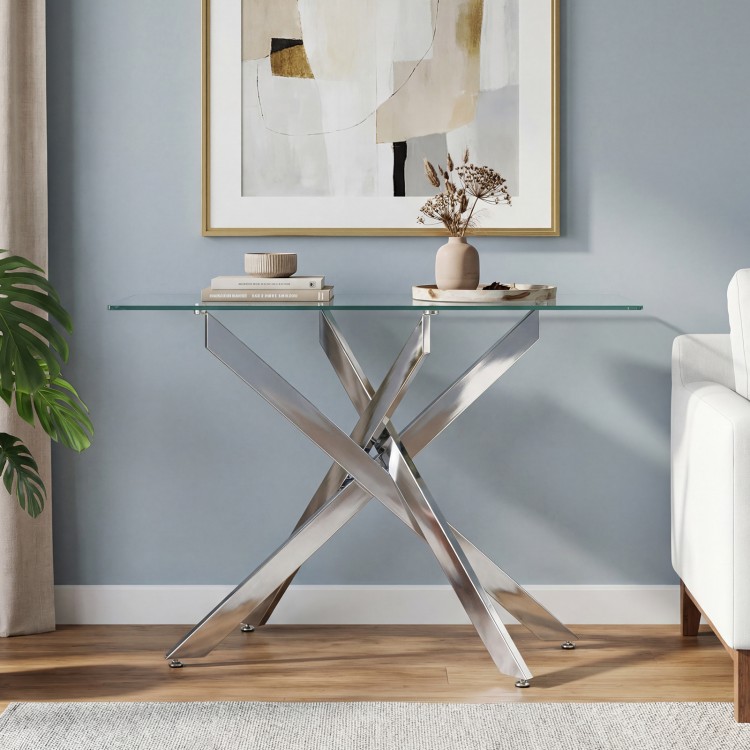 Modern glass console table with a clear tempered glass top and chromed tubular legs, ideal for stylish entryway display.