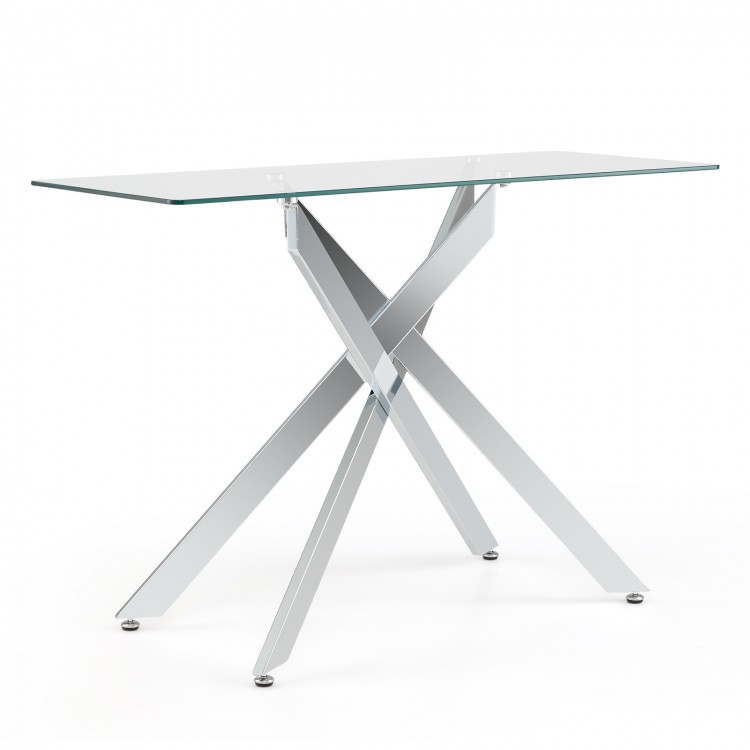 Modern glass console table with a clear tempered glass top and chromed tubular legs, perfect for entryways or displays.