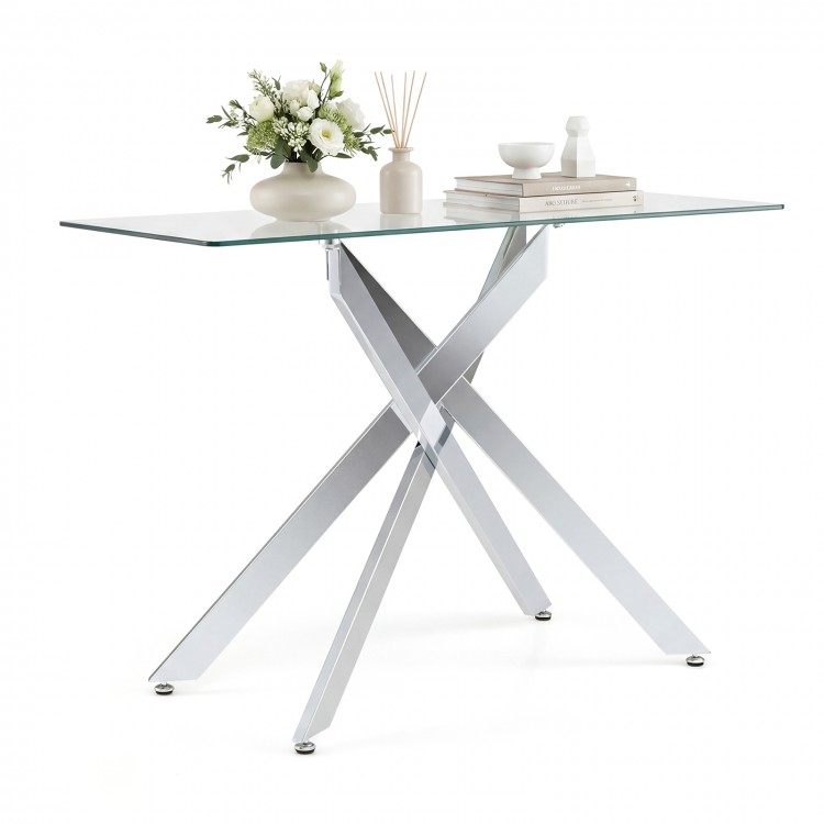 Modern glass console table with a clear tempered glass top and stylish silver chromed legs for entryway display.