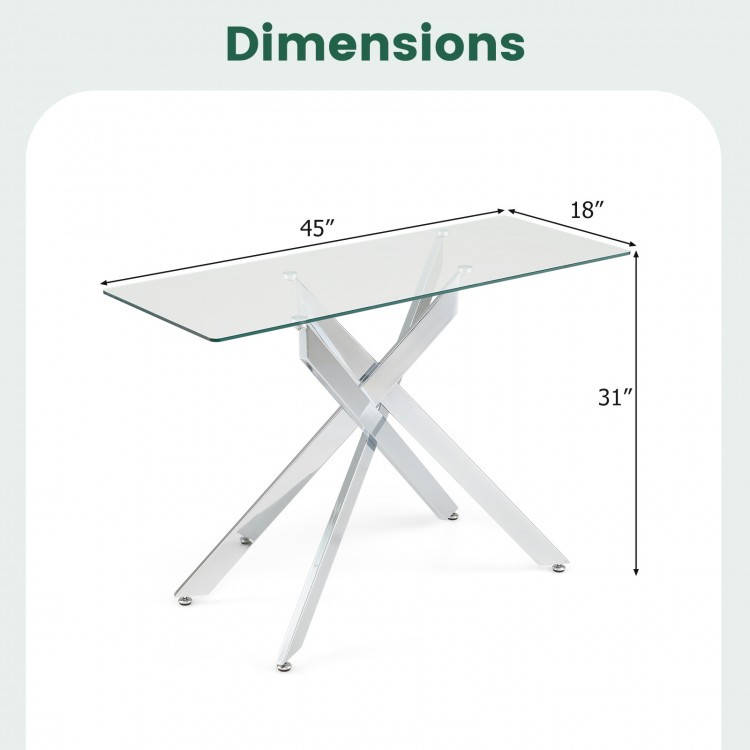 Modern glass console table with a clear tempered glass top and chromed tubular legs, showcasing dimensions of.