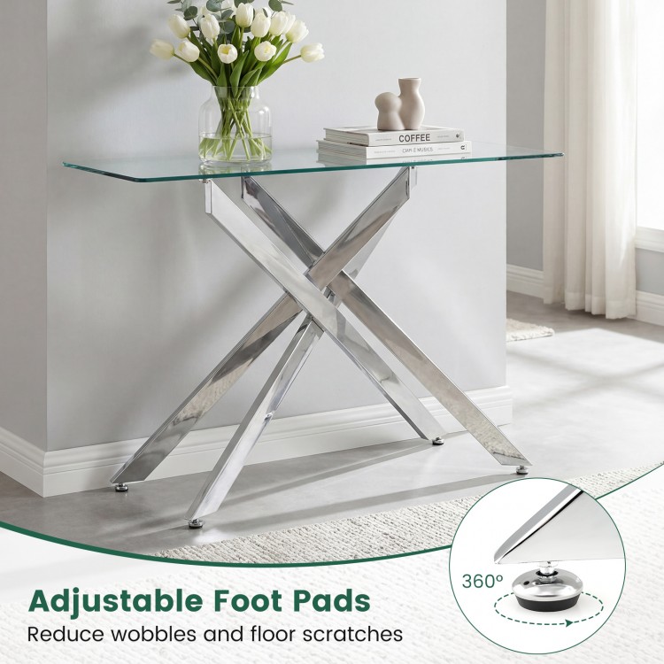 Modern glass console table with a clear tempered glass top and chromed legs, featuring adjustable foot pads for.