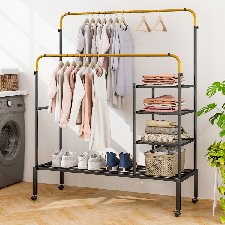 Rolling double rods garment rack with adjustable bars, black and gold design, ideal for laundry or bedroom storage.