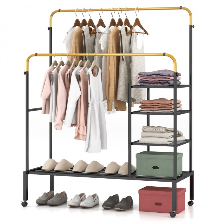 Rolling double rods garment rack in black and gold, featuring adjustable bars and shelves for versatile clothing.