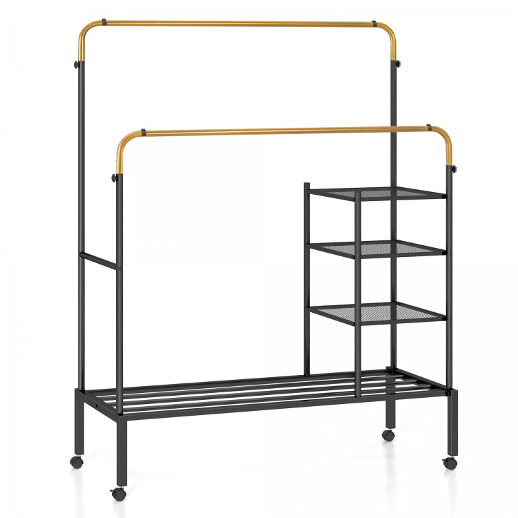 Rolling garment rack with adjustable golden rods, four shelves, and lockable wheels for versatile clothing storage.