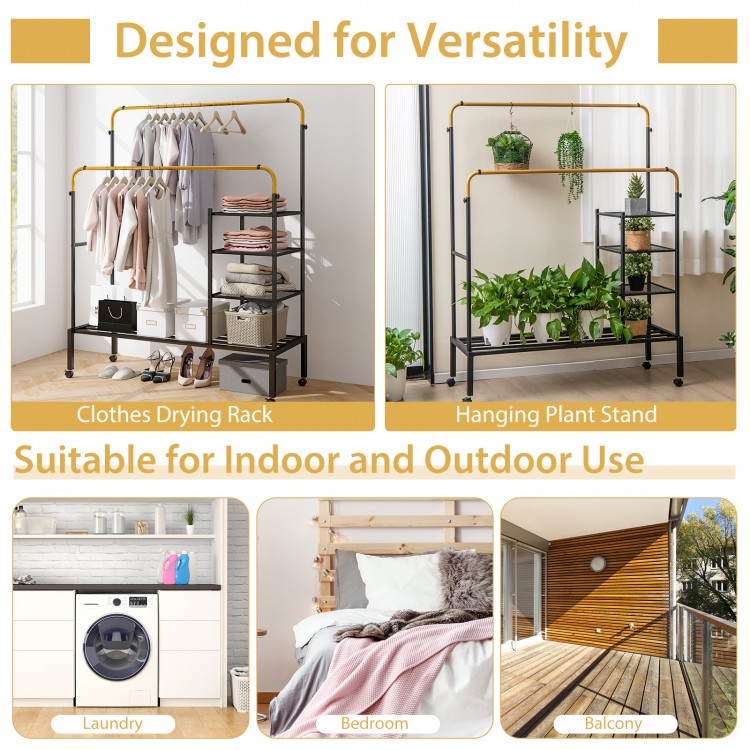 Rolling double rods garment rack in golden finish with adjustable bars, ideal for laundry and versatile indoor/outdoor.