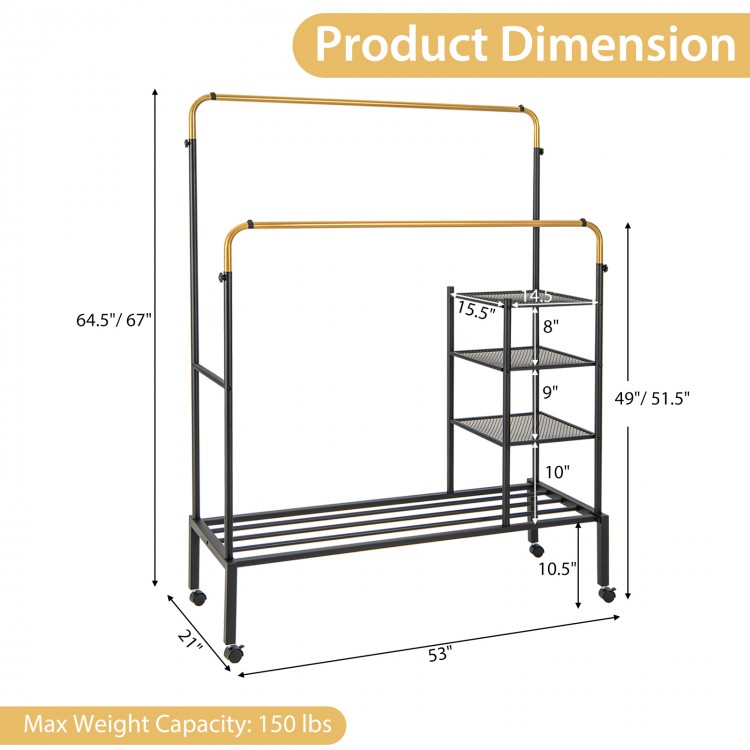Height adjustable rolling garment rack with double rods, black carbon steel, and lockable wheels for versatile storage.