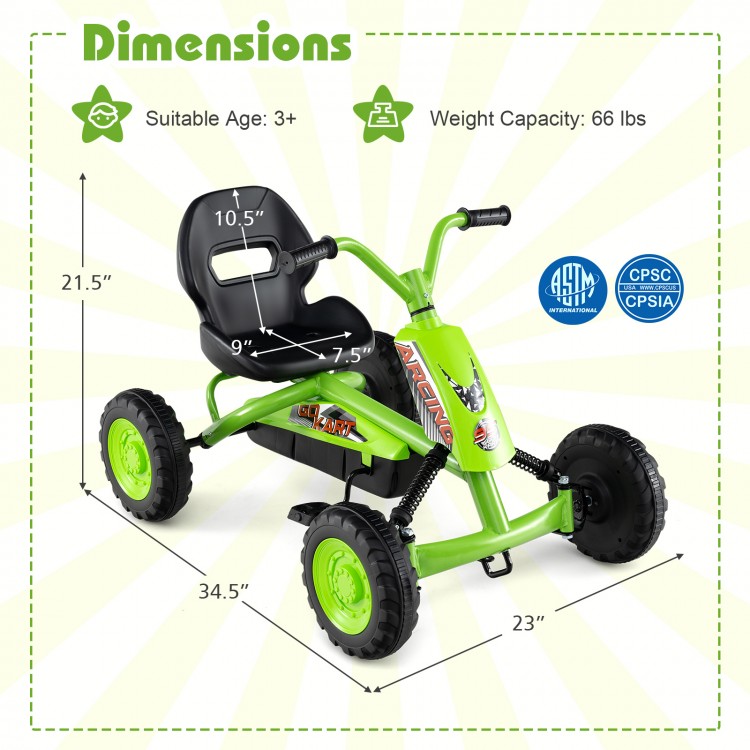 Green go-kart for kids featuring adjustable seat, anti-slip pedals, and durable metal frame, suitable for ages 3+.
