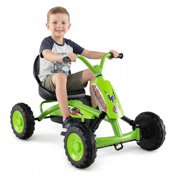 Green go-kart for kids featuring adjustable seat, anti-slip pedals, and sturdy design for safe outdoor fun.
