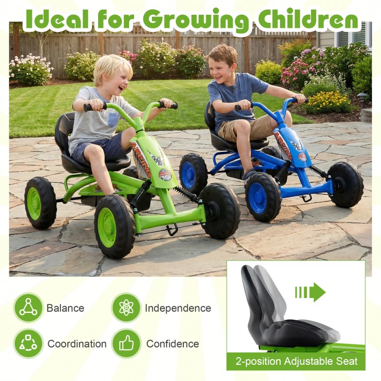 Kids riding green go-karts with adjustable seats, promoting balance and independence on a safe, sturdy design.